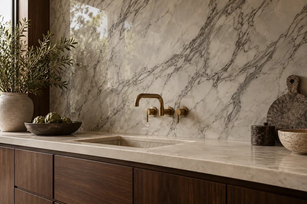 Tall grey-veined marble splashback behind a cream stone worktop, brass wall tap, dark walnut cabinetry, close architectural framing