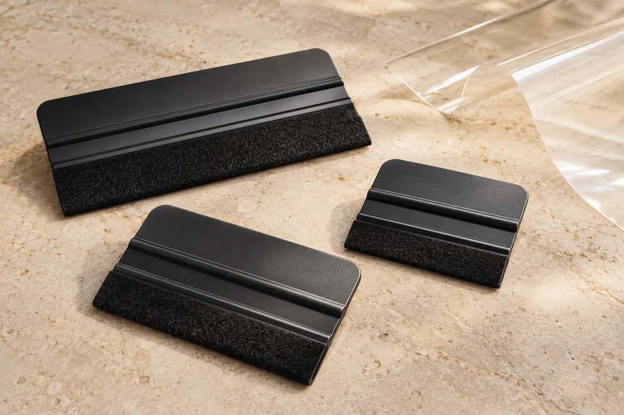 Three different black and charcoal felt-edged application squeegees on a warm pale stone surface, clear film swatch off to one side, studio product photograph