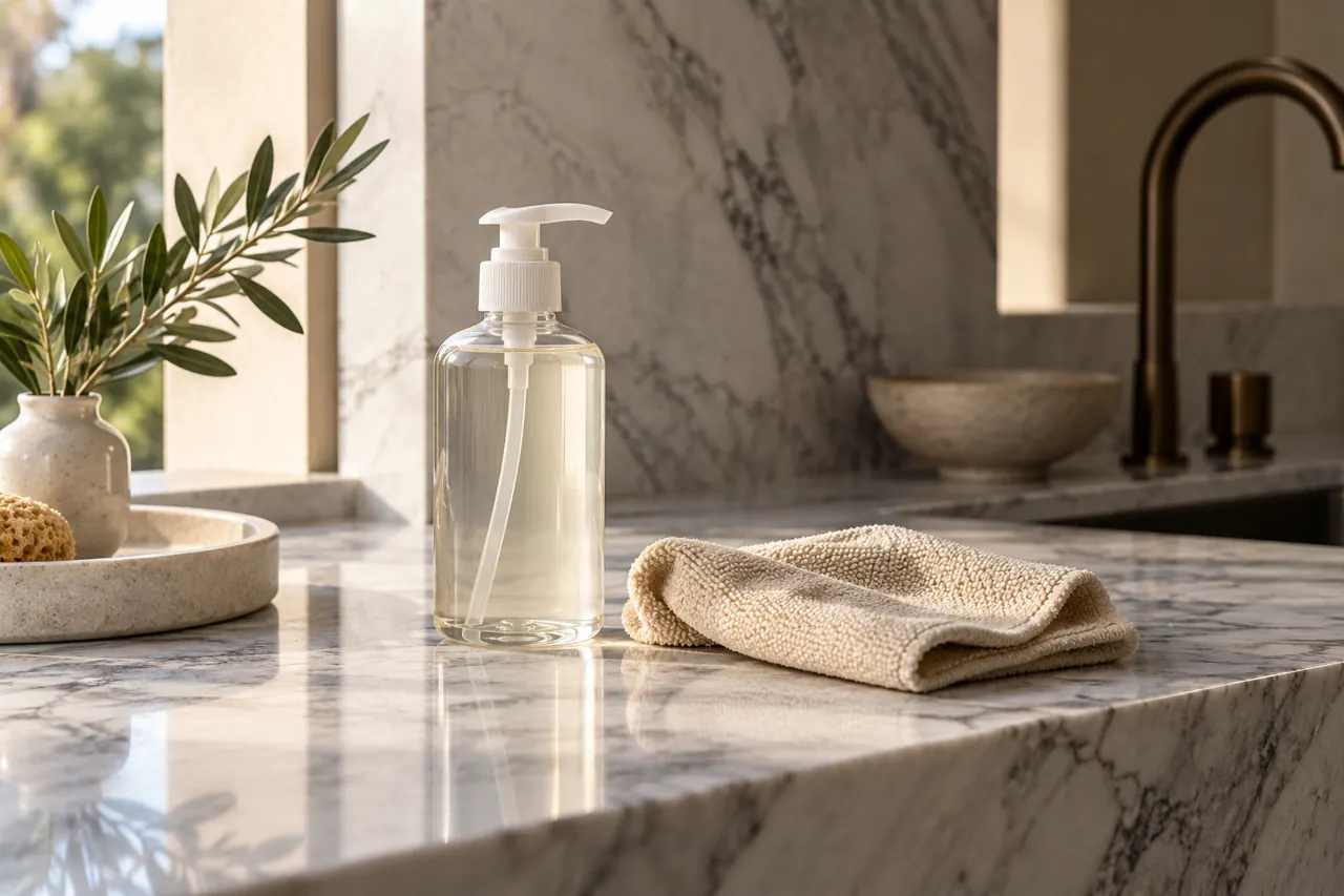Plain unlabelled stone cleaner pump bottle and beige microfiber cloth on grey-veined marble countertop beside a small ceramic tray