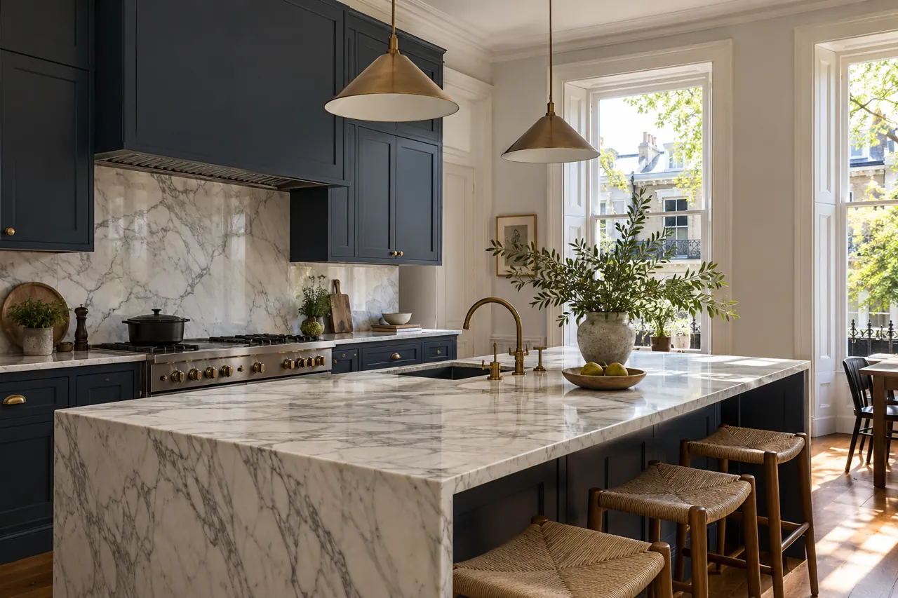 Elegant Sydney-style terrace kitchen with marble island, deep navy cabinetry, tall sash windows and warm brass fittings, no landmark claims