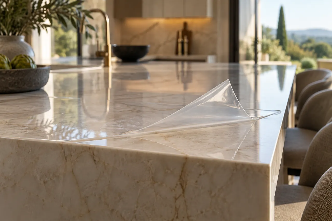 Clear transparent thin protection film partly lifted from a cream stone tile in a luxurious kitchen, visible delicate film edge, realistic reflection