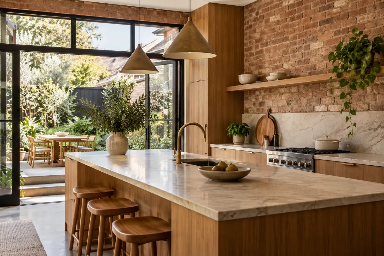 Renovated brick terrace kitchen with warm timber cabinets, creamy quartzite worktop, garden view and natural materials