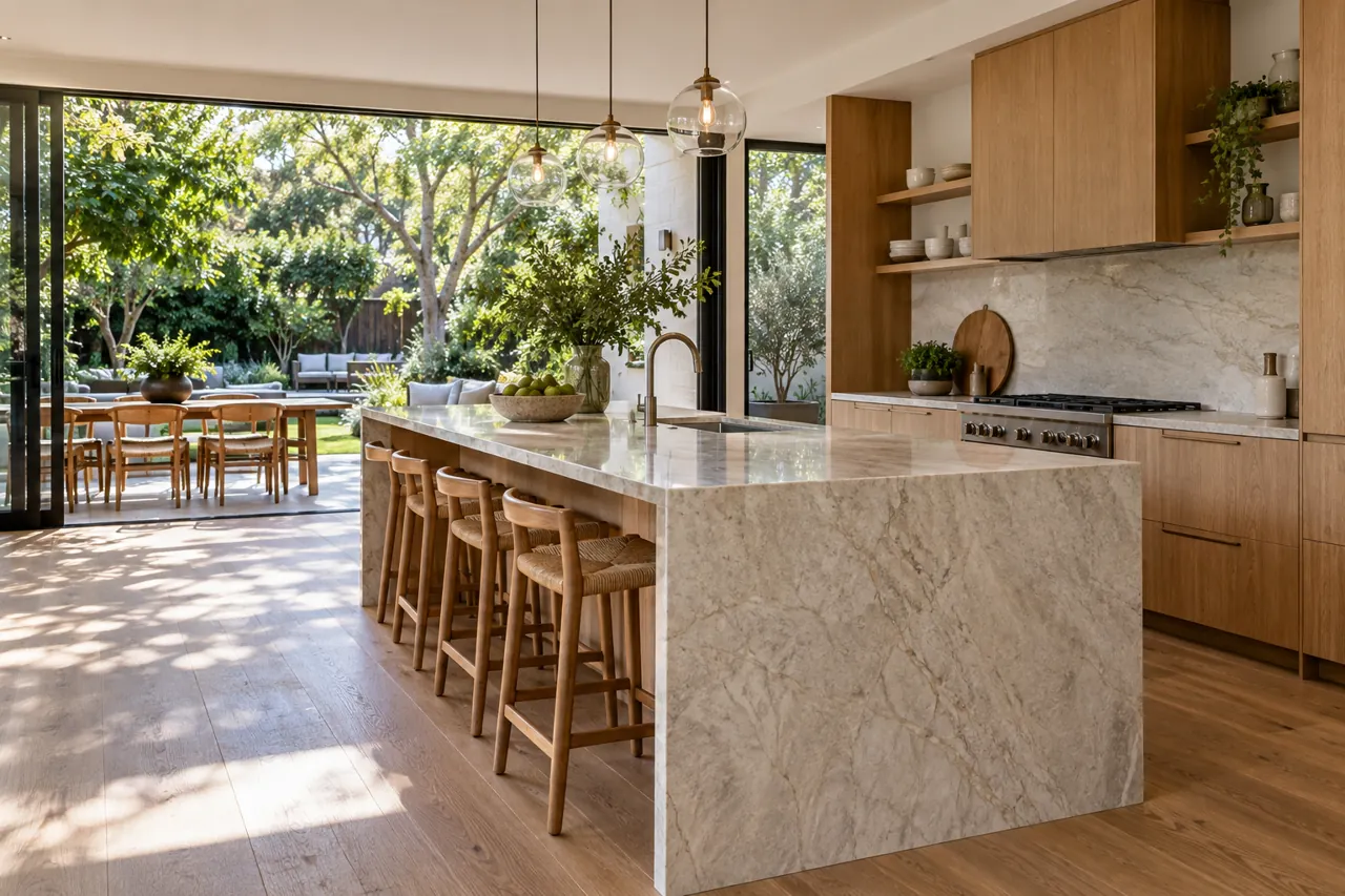 Spacious leafy suburban kitchen with light quartzite waterfall island, oak cabinetry and broad glass doors opening to lush garden