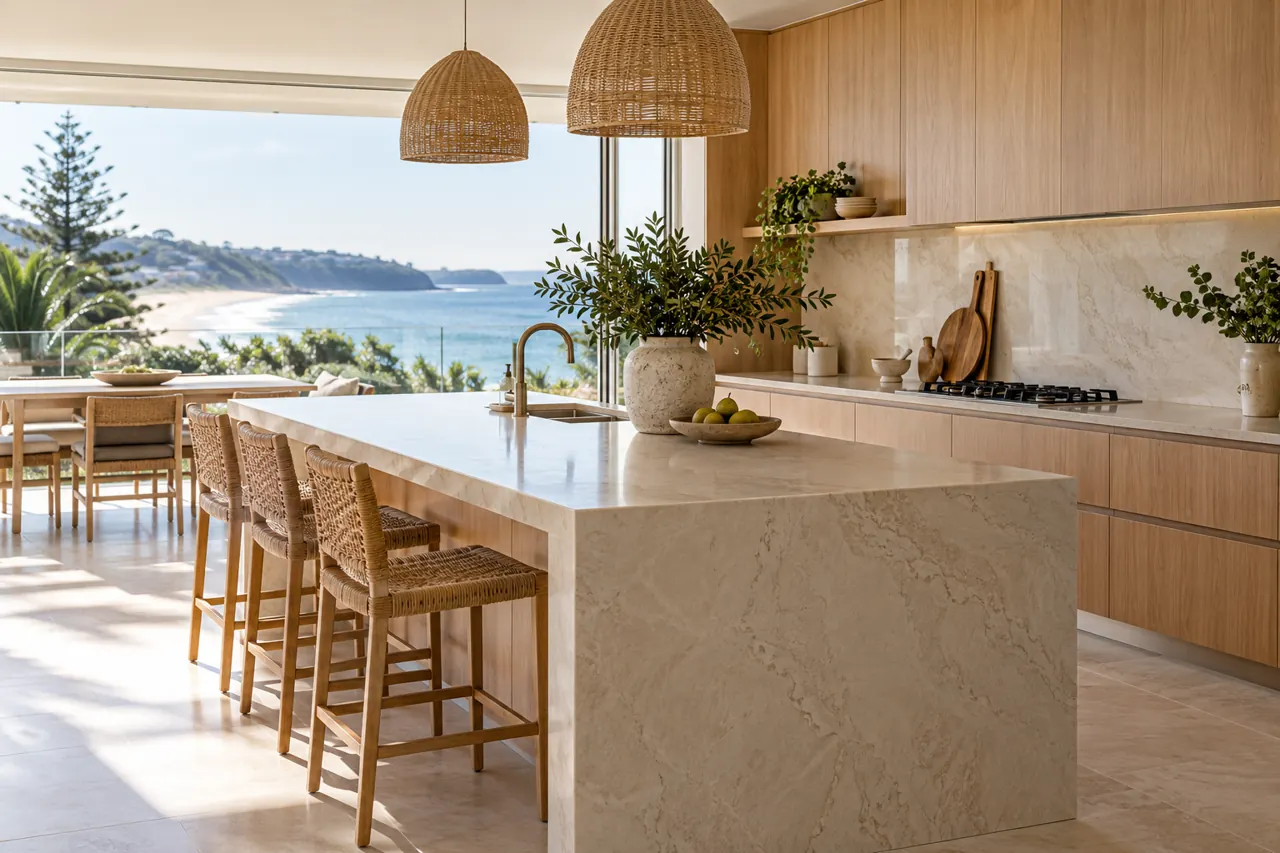 Relaxed coastal Australian kitchen with ivory stone island, pale timber cabinetry, woven stools and soft coastal daylight