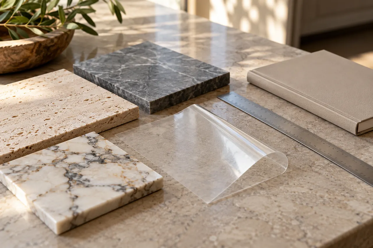 Close project-planning scene with a clear film sample laid beside stone surface samples, ruler and plain closed notebook on warm neutral counter