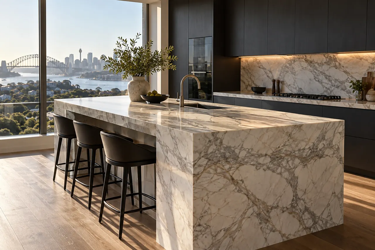 Refined contemporary Australian kitchen with dramatic pale marble island and charcoal cabinets, morning urban light through a large window