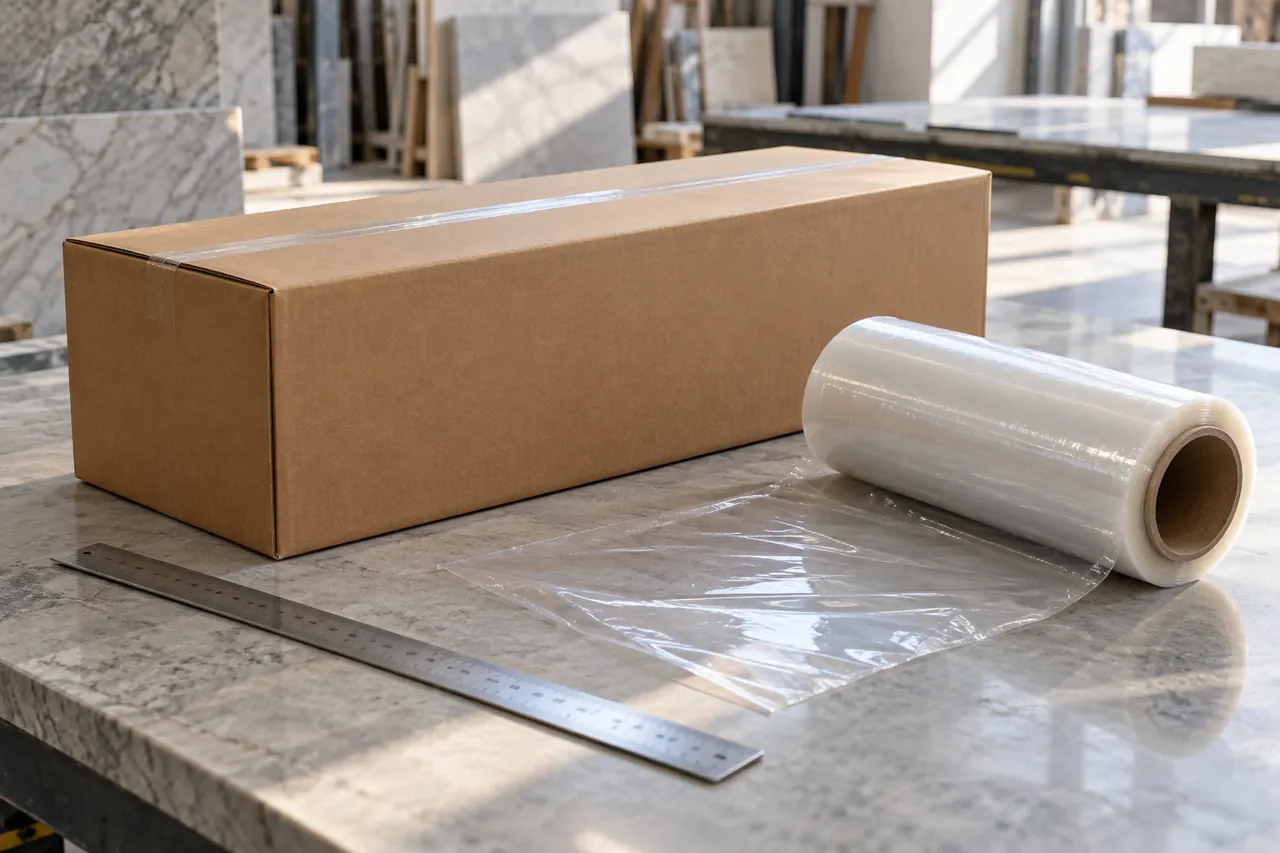 Plain packaging carton with clear film roll and metal ruler laid on a clean trade worktable, simple product supply still life