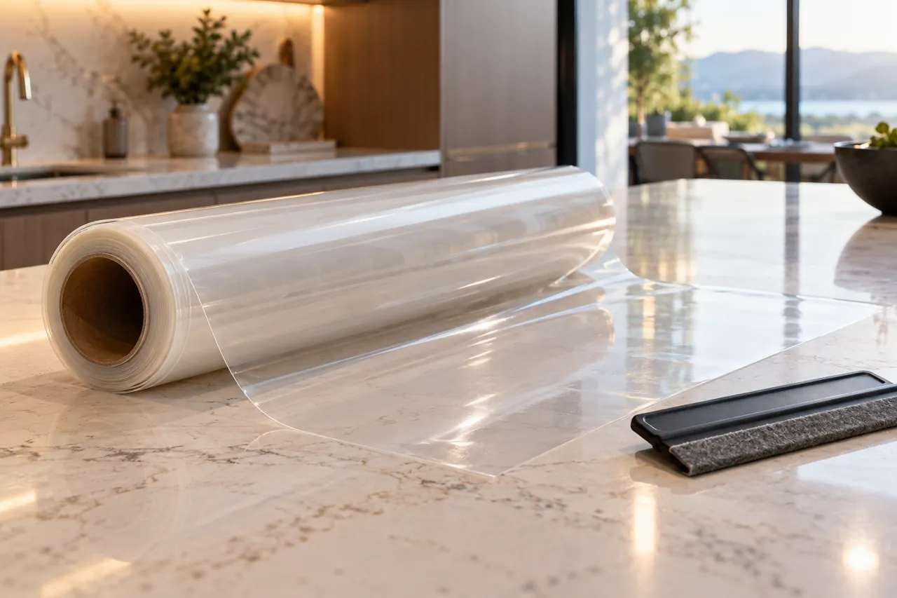 Clear protection film roll beside a felt-edge squeegee on a light quartz benchtop, studio-to-kitchen transition editorial detail