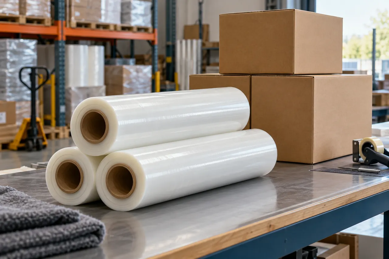 Three plain securely packed protection film rolls with unmarked cardboard boxes on a tidy warehouse packing bench, clean realistic trade supply scene