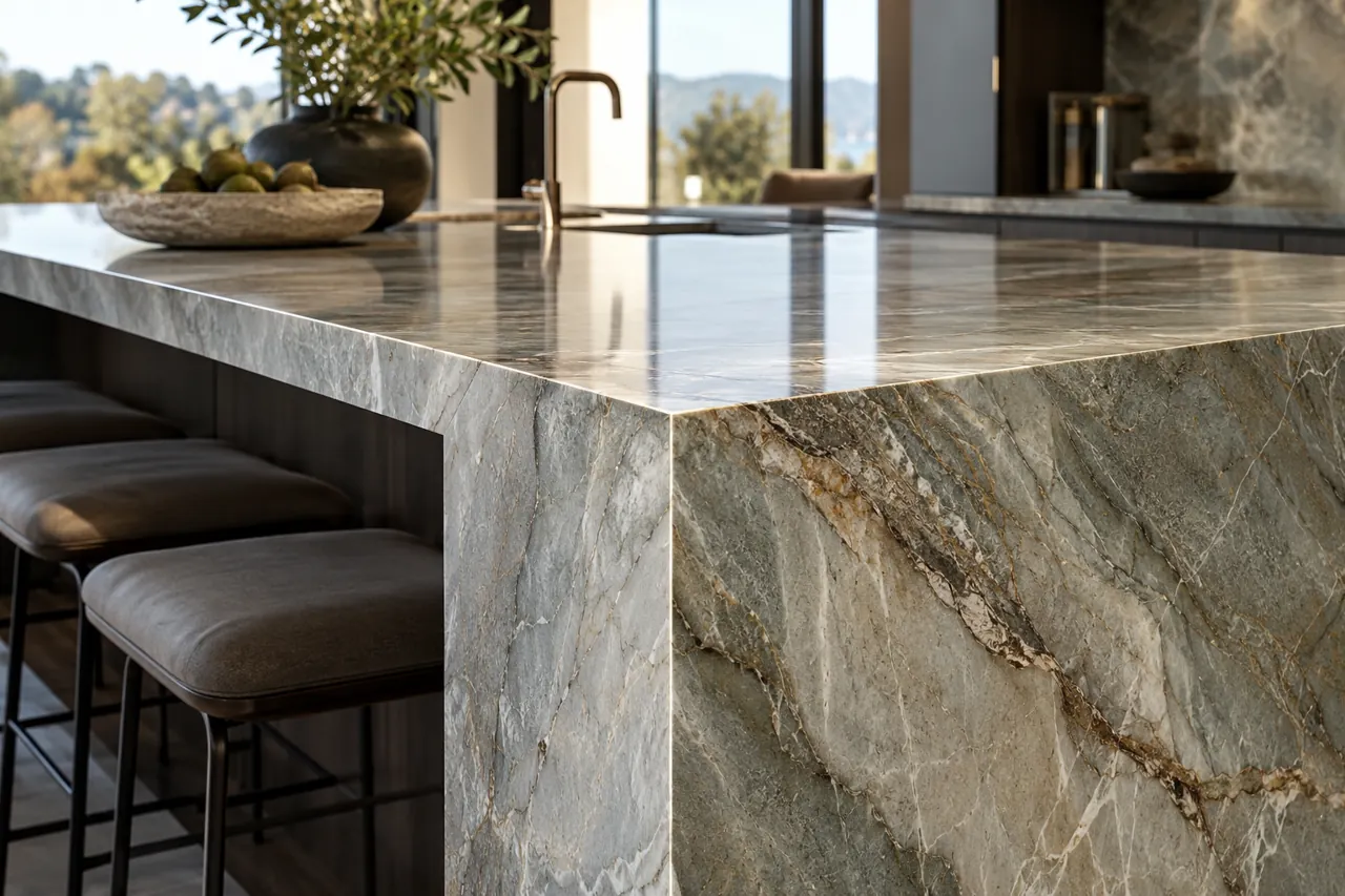 Architectural close-up of a polished quartzite waterfall island corner with crisp mitred edge and continuous mineral veining