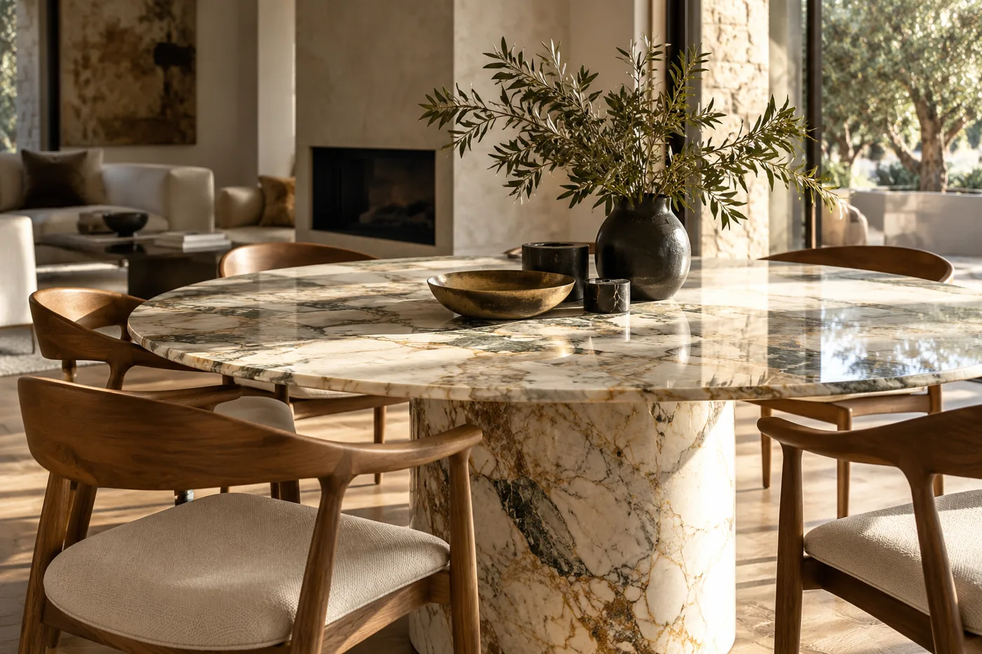Round marble dining table in a contemporary interior